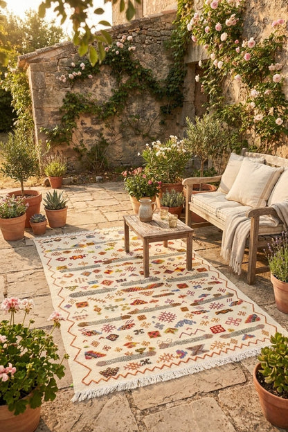 A rectangular woven area rug with a cream base and multicolor geometric and floral patterns, styled on a stone patio next to a wooden bench and table in a garden courtyard.