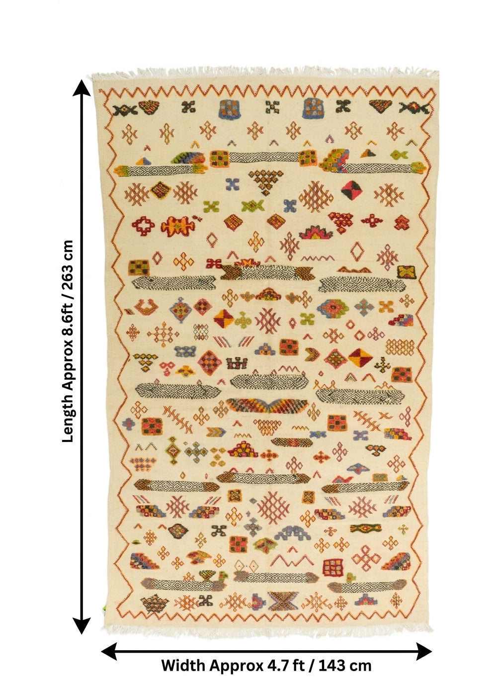 A patterned area rug shown flat against a white background with measurement arrows.