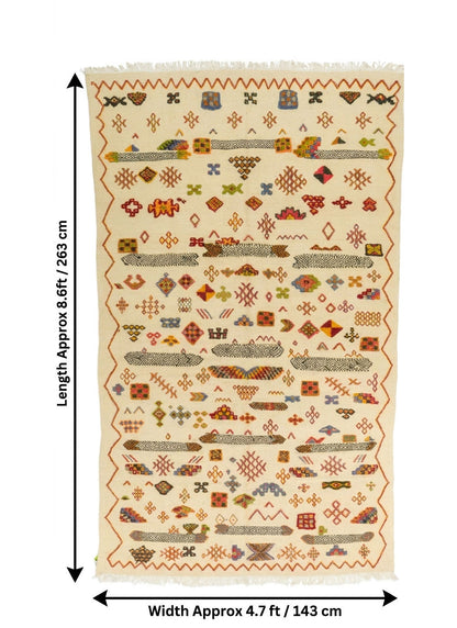A patterned area rug shown flat against a white background with measurement arrows.
