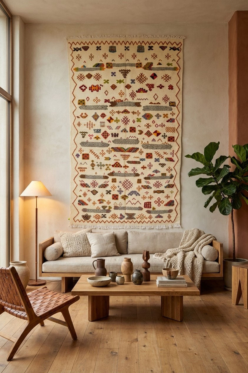 A large rectangular woven wall hanging with intricate geometric and tribal-style patterns in earthy tones, displayed above a light beige sofa in a warm, modern living room with a wooden coffee table and plant.