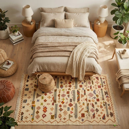 A styled bedroom scene with a bed dressed in neutral beige bedding and a patterned area rug in front of it. The room includes wood floors, bedside tables with lamps, potted plants, pillows, and woven decor.