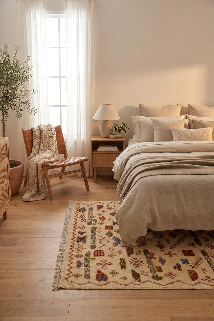 A styled bedroom scene featuring a patterned area rug on a light wood floor, a bed with neutral beige linens, a wooden chair with a knit blanket, and a bedside table with a lamp.
