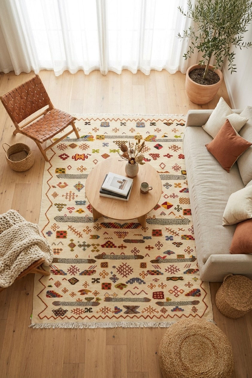 A bohemian-style area rug with a cream base and multicolor geometric patterns, styled in a bright living room with a wooden coffee table, woven chair, and sofa.
