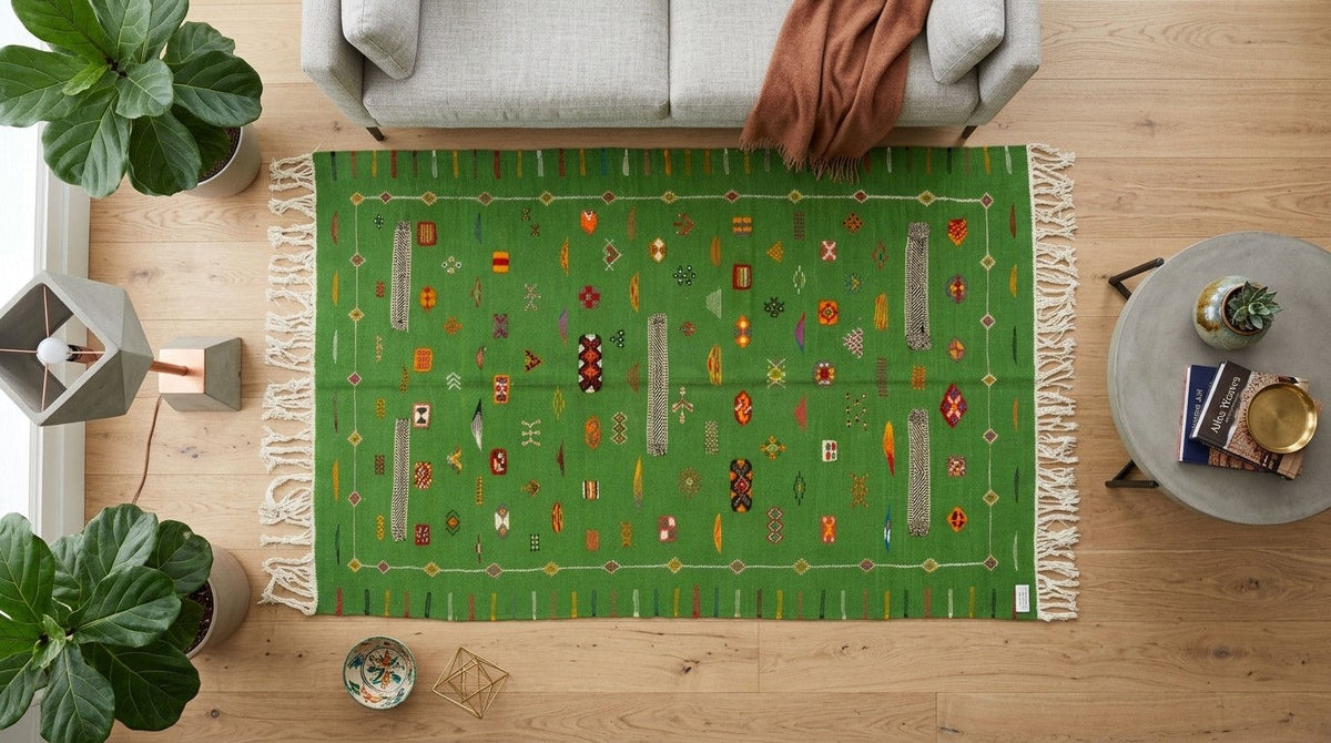 A green area rug with a colorful geometric pattern and white fringe, styled in a modern living room setting on a light wood floor.