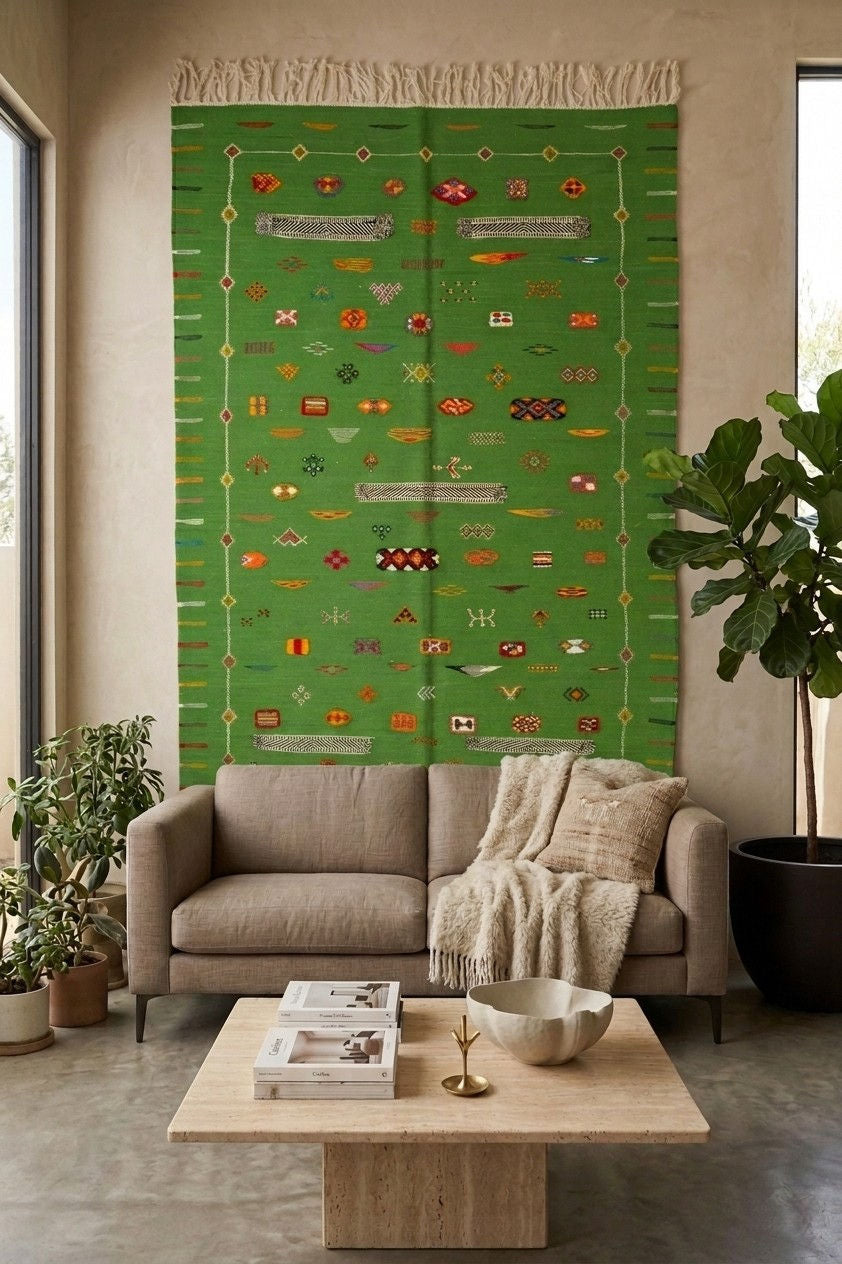A green wall tapestry with colorful embroidered patterns and fringe at the top, hanging on a beige wall above a gray sofa in a modern living room setting. a Moroccan rug.