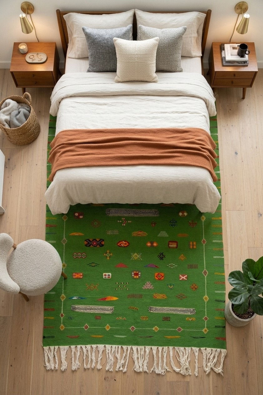 A green patterned area rug with cream fringe is styled on a light wood floor in a bedroom setting, positioned under a bed with white bedding and a rust-orange throw blanket.