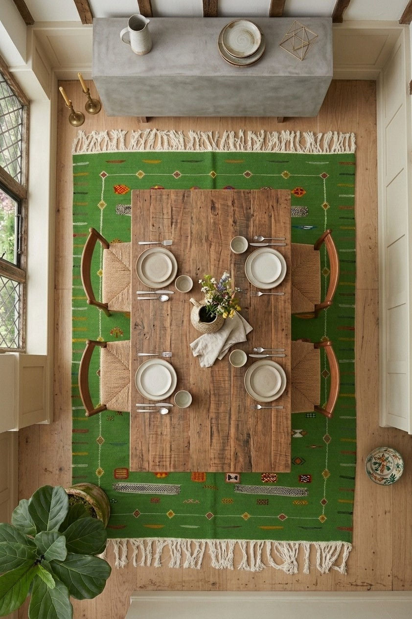 A top-down view of a dining room setup featuring a green patterned area rug with white fringe, a rustic wooden table, four wooden chairs, and white tableware.