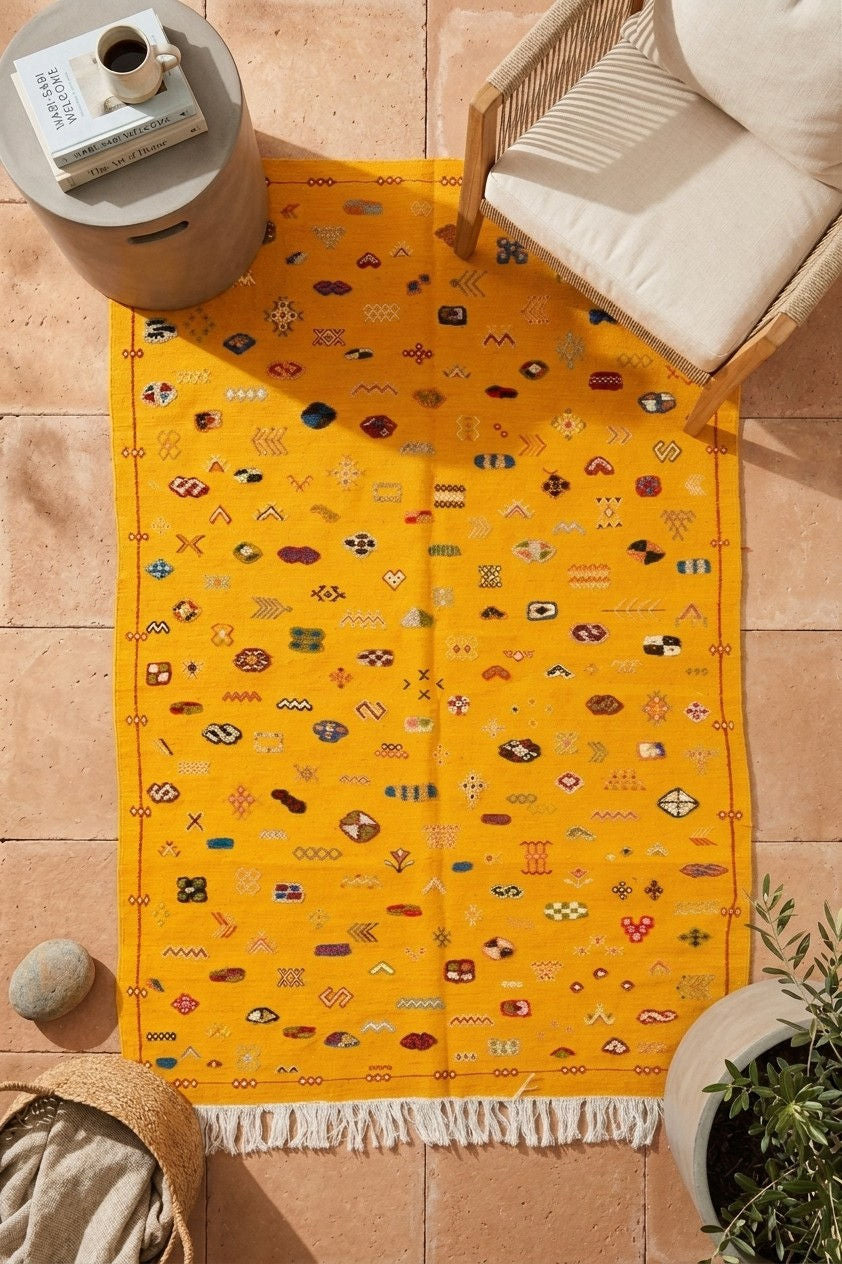 A bright yellow rectangular area rug with white fringe and a scattered multicolor geometric and tribal-style pattern, styled on a terracotta tile floor with a side table, chair, and potted plant.