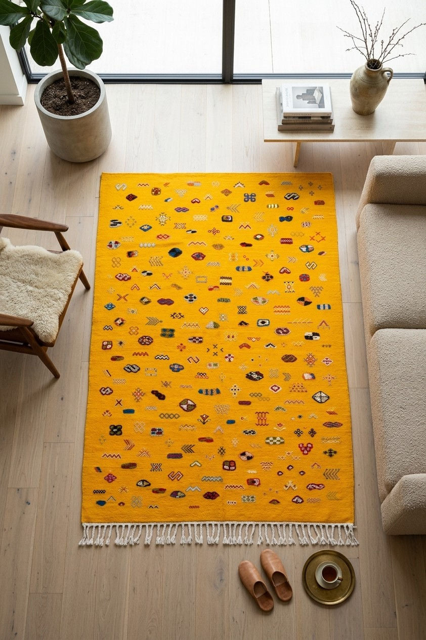 A bright yellow rectangular area rug with white fringe and a scattered pattern of small multicolored motifs, styled on a light wood floor in a modern living room setting.