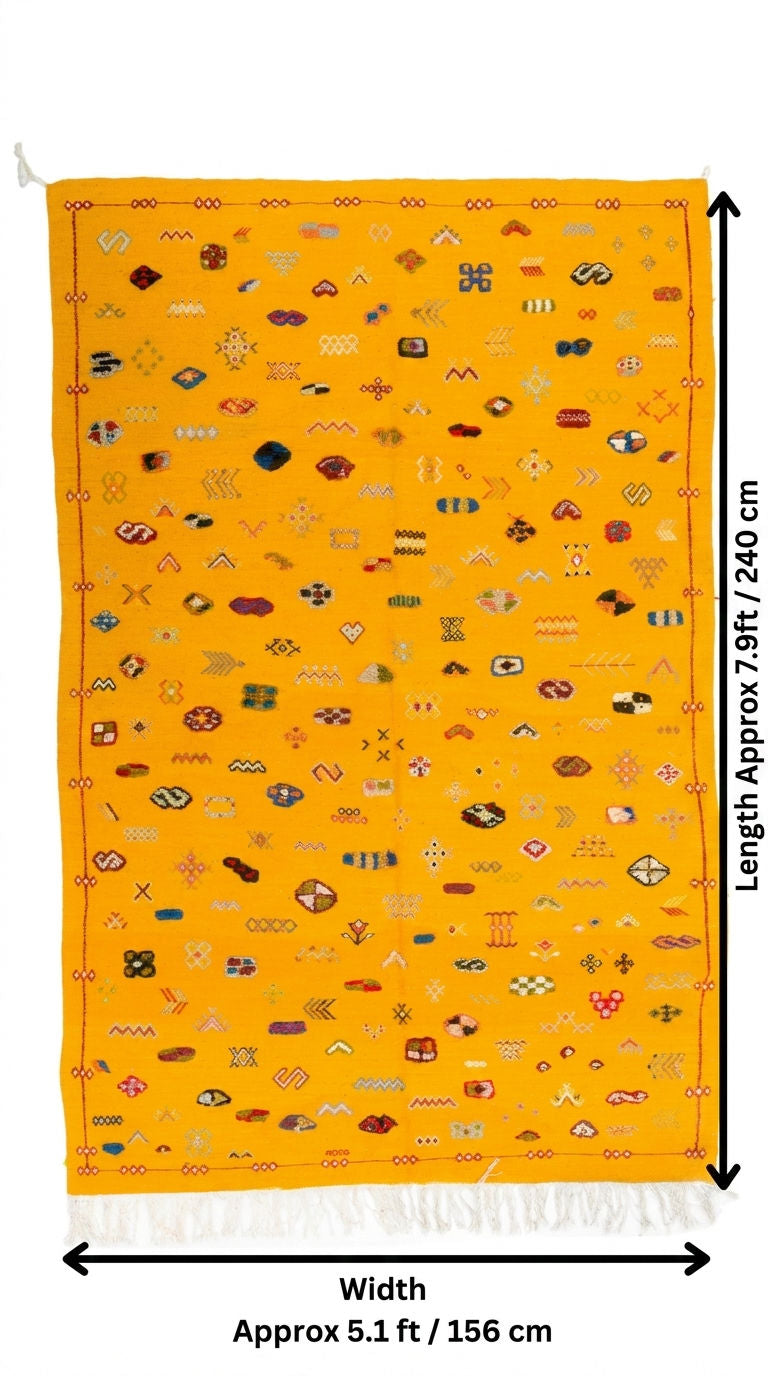 A bright yellow-orange rug with multicolored geometric motifs and white fringe, shown with dimension arrows.
