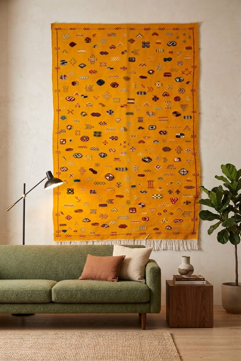 A large mustard yellow Moroccan rug with intricate multicolor geometric patterns and white fringe, displayed on a wall in a modern living room setting above a green sofa.
