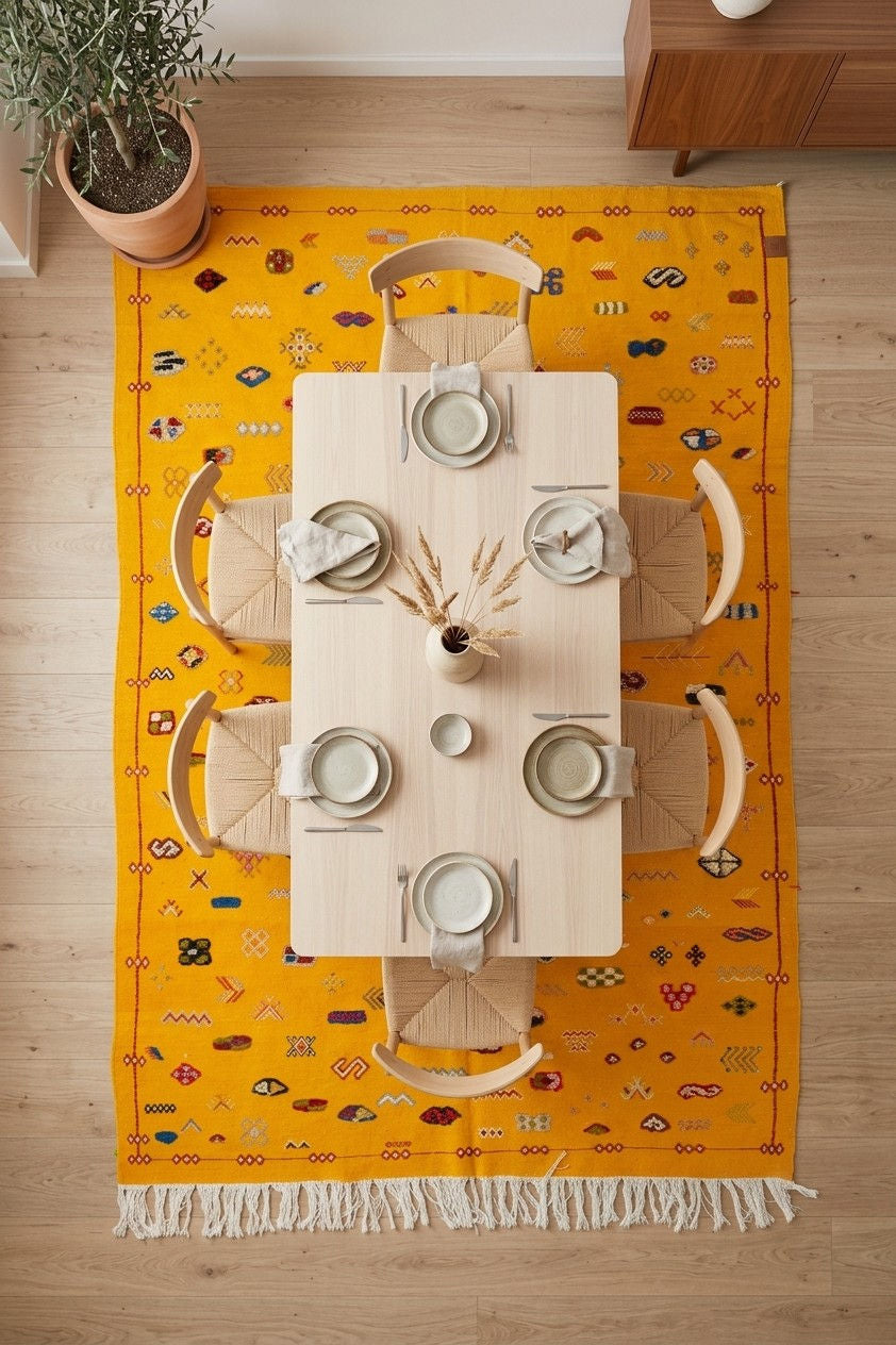 A top-down view of a bright yellow Moroccan area rug with white fringe, styled with a light wood dining table and four chairs on a light wood floor.