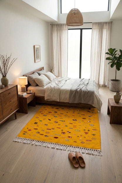 A bright yellow area rug with white fringe and a playful cartoon pattern, styled on a light wood floor in a modern, sunlit bedroom.