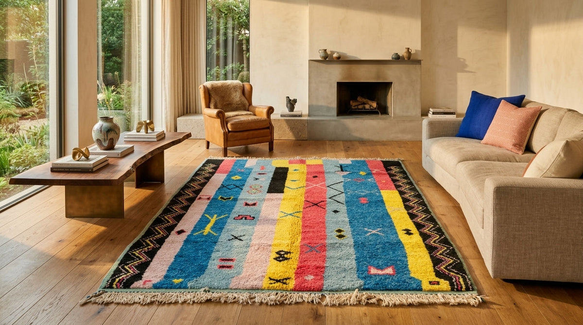 A colorful Moroccan rug with vertical stripes in blue, pink, yellow, and red, styled in a modern living room with a beige sofa, wooden coffee table, and fireplace.