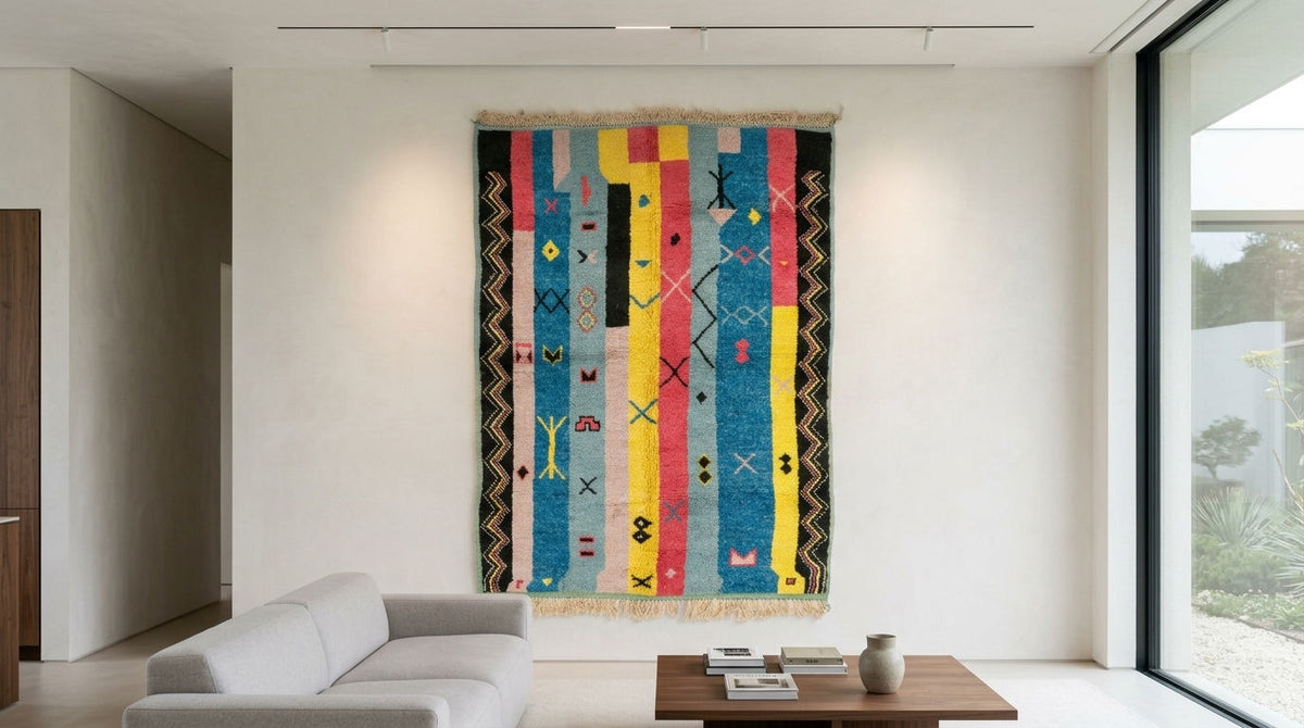 A large, colorful geometric wall hanging moroccan rug with vertical stripes in blue, yellow, pink, and red, displayed on a white wall in a modern living room setting.