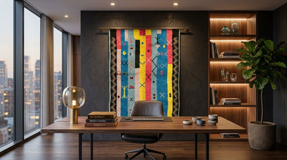 A colorful geometric patterned moroccan rug wall hanging or tapestry displayed in a modern office room with a desk, chair, bookshelves, and large windows overlooking a city skyline.
