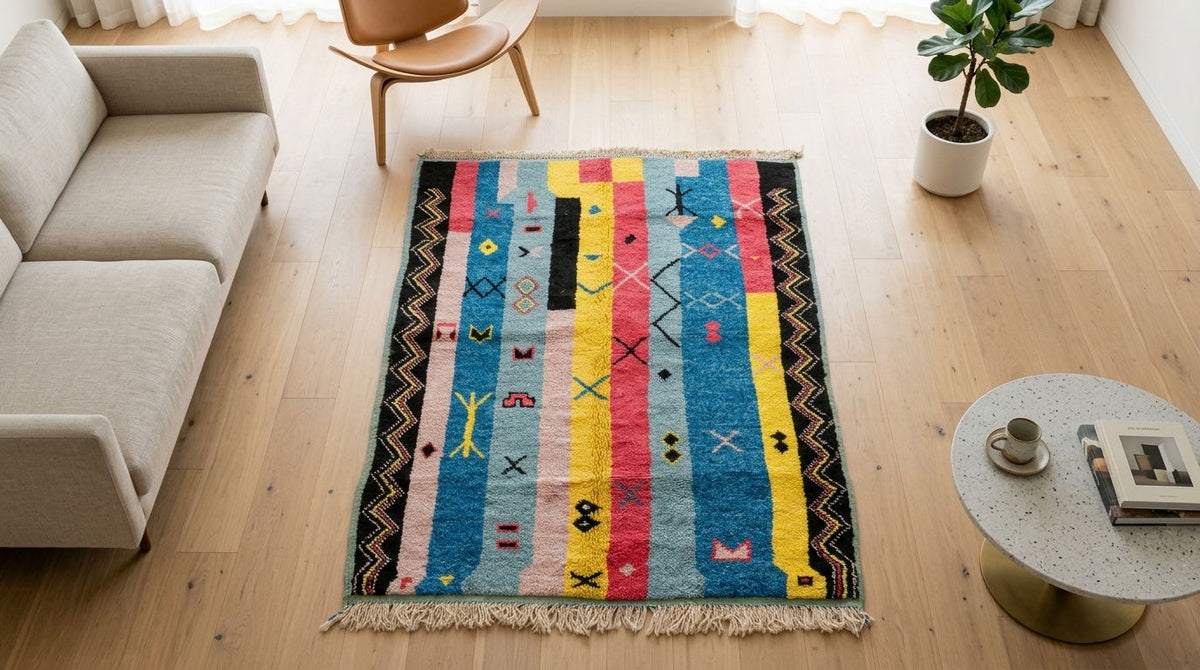 A colorful rectangular moroccan rug with vertical stripes and geometric motifs in blue, pink, yellow, black, and cream, styled on a light wood floor in a modern living room setting.