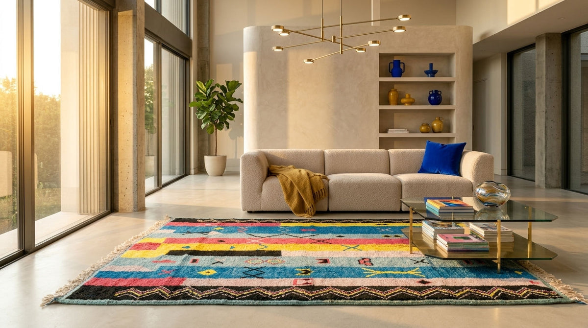 A colorful geometric moroccan rug with fringe, styled in a modern, sunlit living room with a beige sofa, glass coffee table, and large windows.