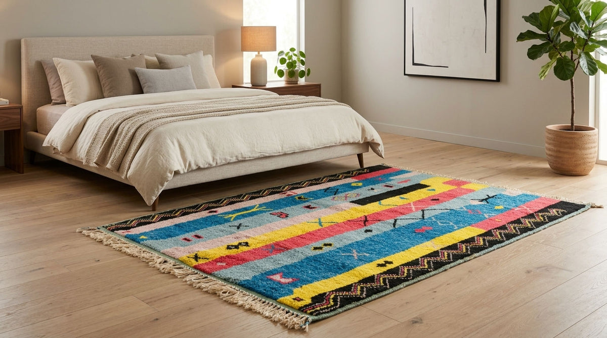 A colorful hand-knotted moroccan rug with horizontal stripes in blue, yellow, pink, and red, featuring small black bird motifs and fringe, styled on a light wood floor in a modern bedroom setting.