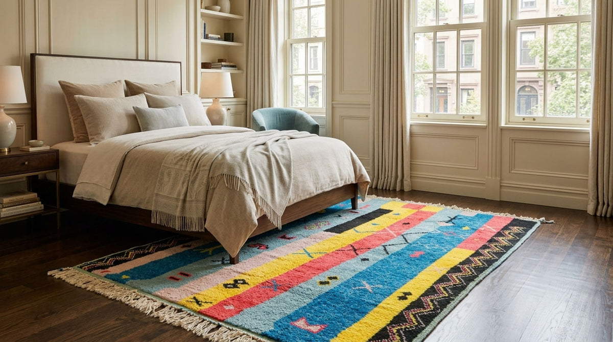 A colorful geometric patterned moroccan rug with fringe, styled on a dark wood floor in a bright, modern bedroom with a bed and large windows.