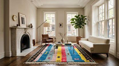 A colorful striped moroccan rug with fringe, styled in a bright, modern living room with a cream sofa, brown leather armchair, fireplace, and large windows.