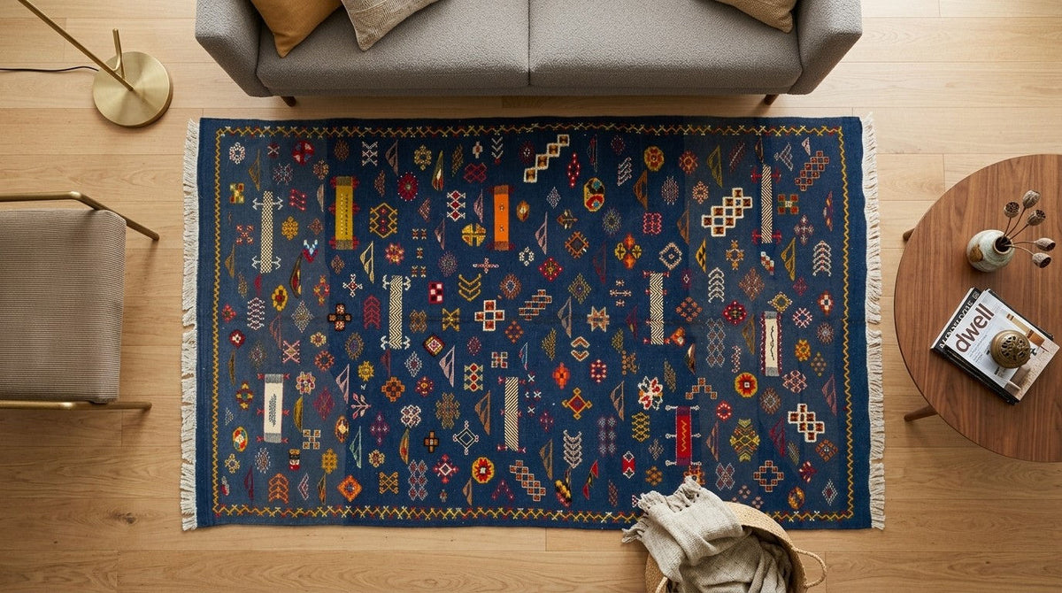 A rectangular navy blue area rug with intricate multicolor geometric and tribal patterns, styled in a modern living room setting on a light wood floor.