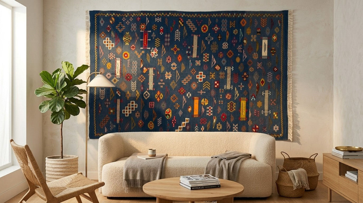 A large navy blue area rug with intricate multicolor geometric patterns hangs on a wall above a cream-colored sofa in a modern, sunlit living room.