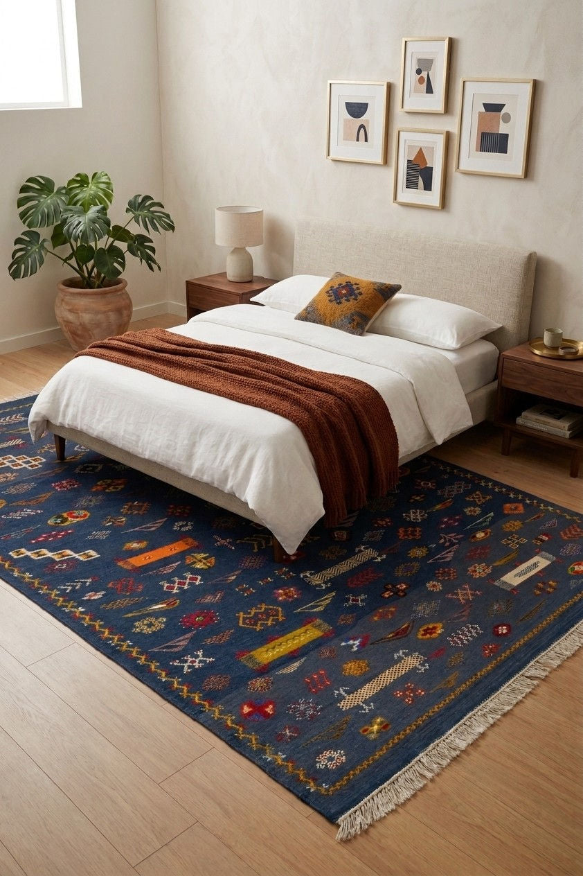 A styled bedroom scene showing a large patterned area rug in navy blue with colorful geometric motifs, placed under a bed with white linens and a rust-brown throw blanket. The room includes wood flooring, bedside tables, a lamp, framed wall art, and a potted plant.