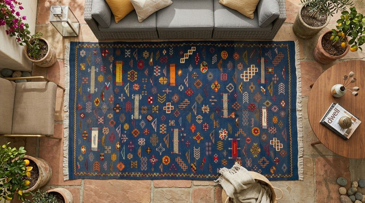A rectangular navy blue area rug with a colorful geometric tribal pattern, styled in a modern living room setting on a stone floor.