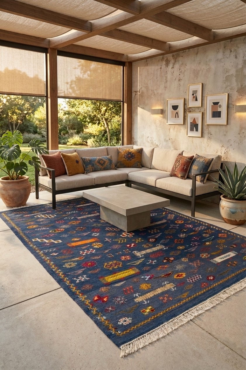 A large navy blue area rug with intricate multicolor geometric and tribal patterns, styled in a modern, sunlit patio living room with a beige sectional sofa and a low concrete coffee table.
