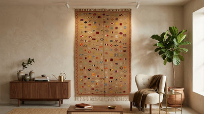 A large woven wall hanging rug with a geometric pattern in warm earthy tones, displayed in a styled living room setting next to a chair and a potted plant.