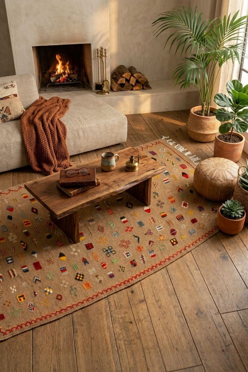 A bohemian-style area rug with a multicolor geometric pattern on a beige background, styled in a cozy living room with a fireplace, wooden coffee table, and potted plants.