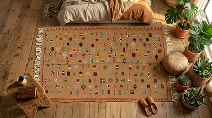 A rectangular woven area rug with a beige base and a dense multicolor geometric pattern, styled in a warm, rustic room on a wooden floor surrounded by plants, a bed, and a small side table.