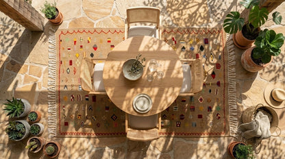An overhead view of a round wooden dining table surrounded by four woven chairs on a patterned beige rug, set on a stone patio with potted plants and dappled sunlight.