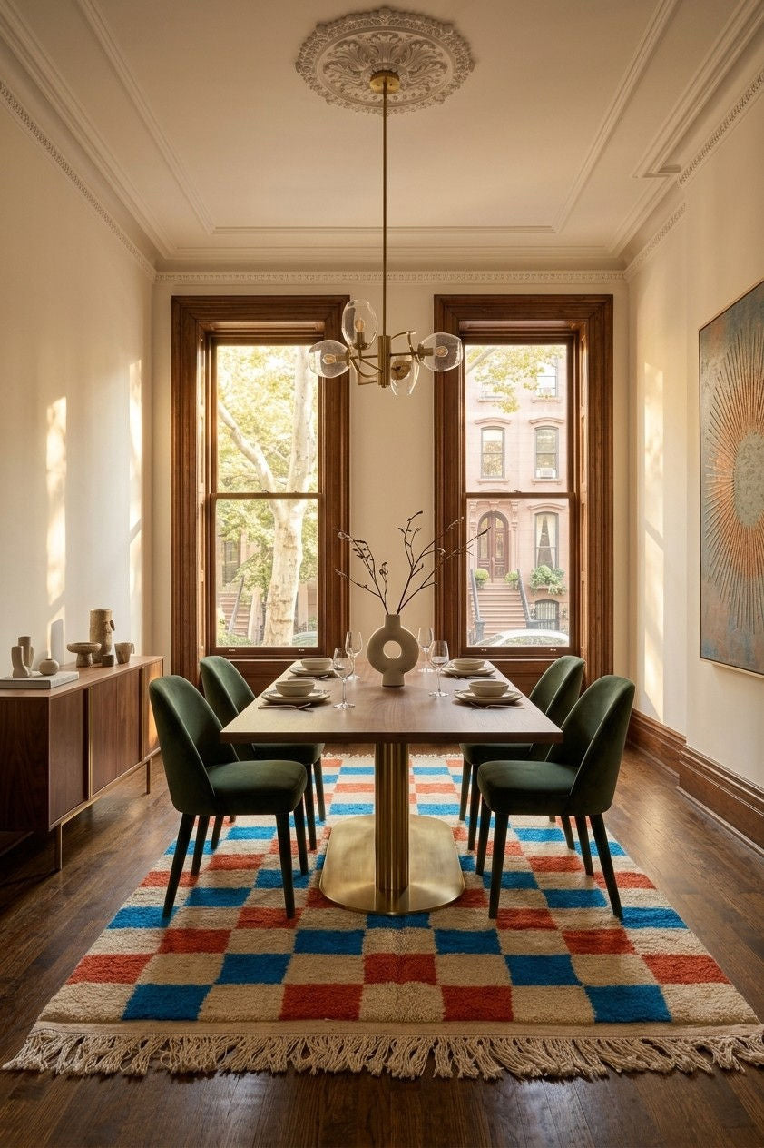 A colourful checkered area rug styled dining room interior with a rectangular wooden table, six green upholstered chairs, dark wood floors, and tall windows with warm natural light. The rug is a Moroccan pile rug carpet.