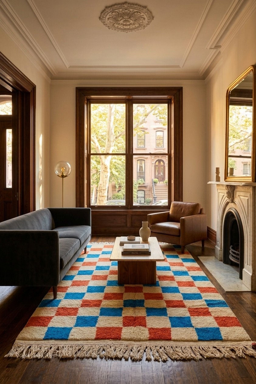 A large rectangular area rug with a cream base and a red, blue, and orange checkerboard pattern, styled in a classic living room with a dark gray sofa, wooden coffee table, and fireplace.