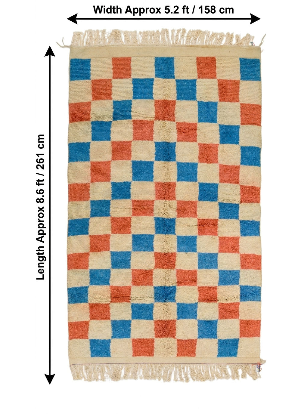 A rectangular woven rug with a checkerboard pattern in blue, rust orange, and cream, featuring fringed edges. Black dimension lines with text indicate a width of approximately 5.