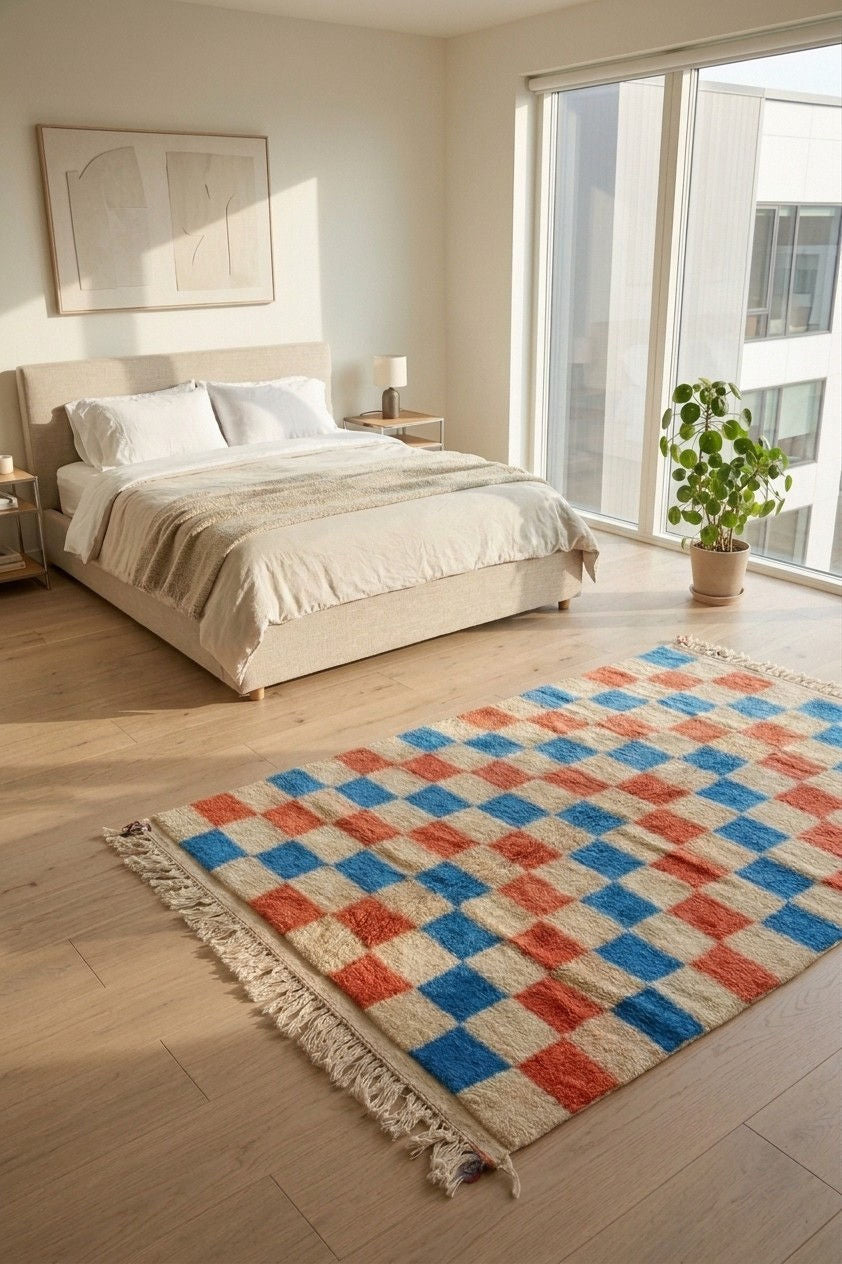 A rectangular area rug with a red, blue, and cream checkerboard pattern and fringe, styled on a light wood floor in a bright, modern bedroom.