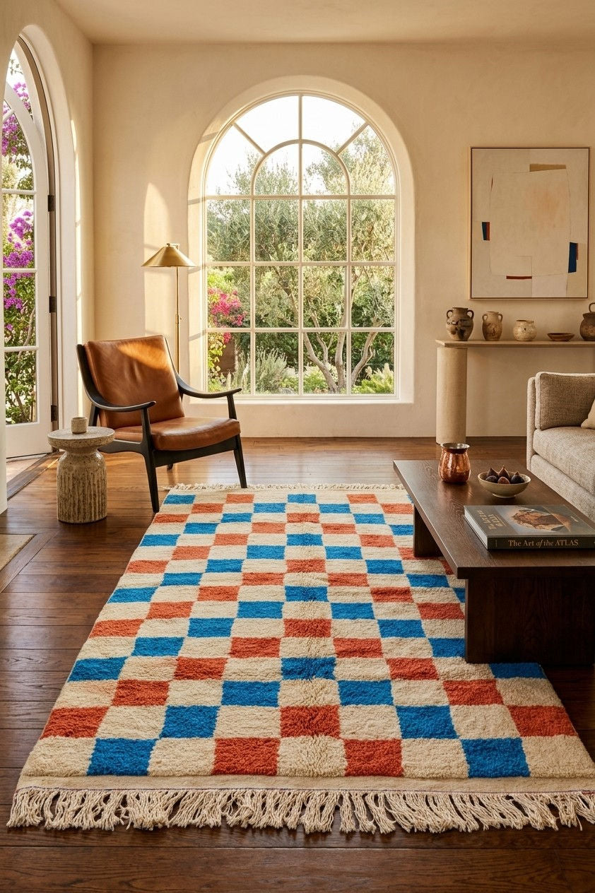 A rectangular area rug with a cream base and a bold checkerboard pattern in blue and terracotta red, styled in a bright living room with a wooden coffee table, leather armchair, and large arched windows. A moroccan rug.