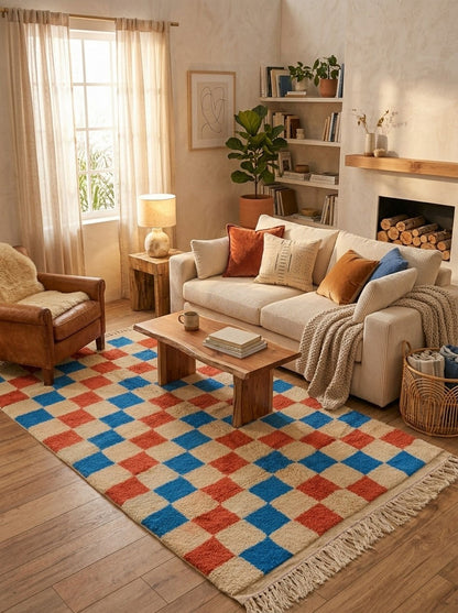 A cozy living room scene featuring a large rectangular area rug with a red, blue, and beige diamond pattern and fringe, styled with a cream sofa, wooden coffee table, and warm ambient lighting.