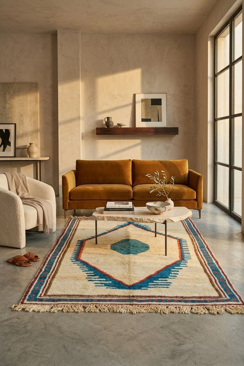 A large geometric area rug with a cream base and blue, red, and tan patterns, styled in a modern living room with a mustard-brown sofa and a low stone coffee table.