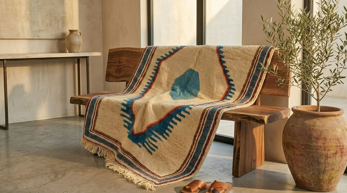 A woven Moroccan wool rug with a Southwestern geometric pattern in beige, blue, and red is draped over a rustic wooden bench in a sunlit room with a potted olive tree nearby.