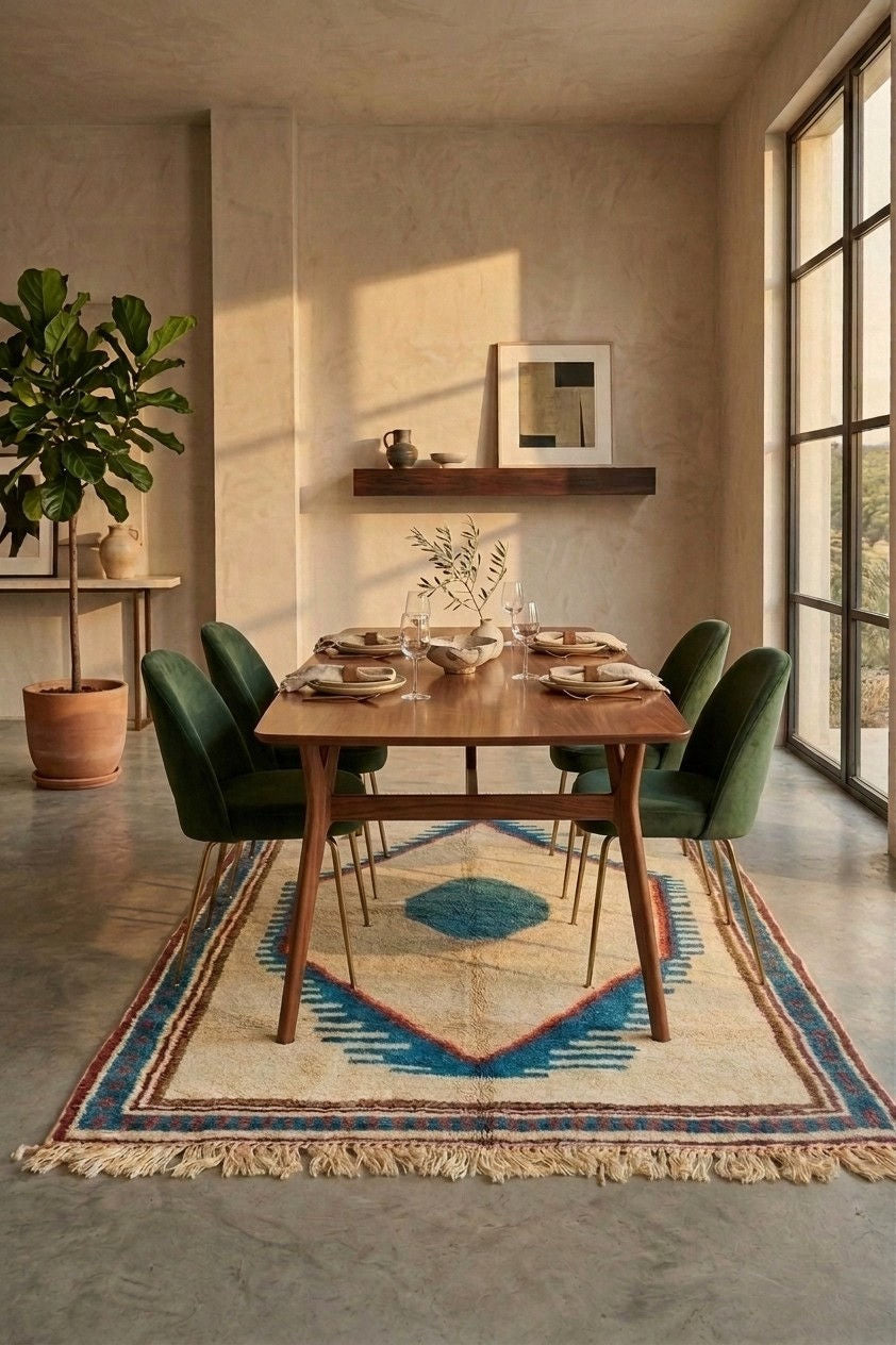 A patterned geometric Moroccan Wool area rug. High pile.