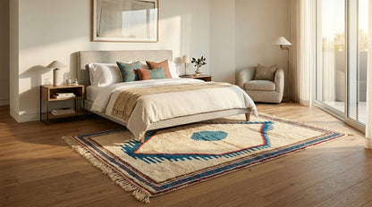  A large patterned wool area rug from Morocco on a wood floor in a styled bedroom interior with a bed, nightstands, lamp, armchair, andr, lit by warm natural light from a window.