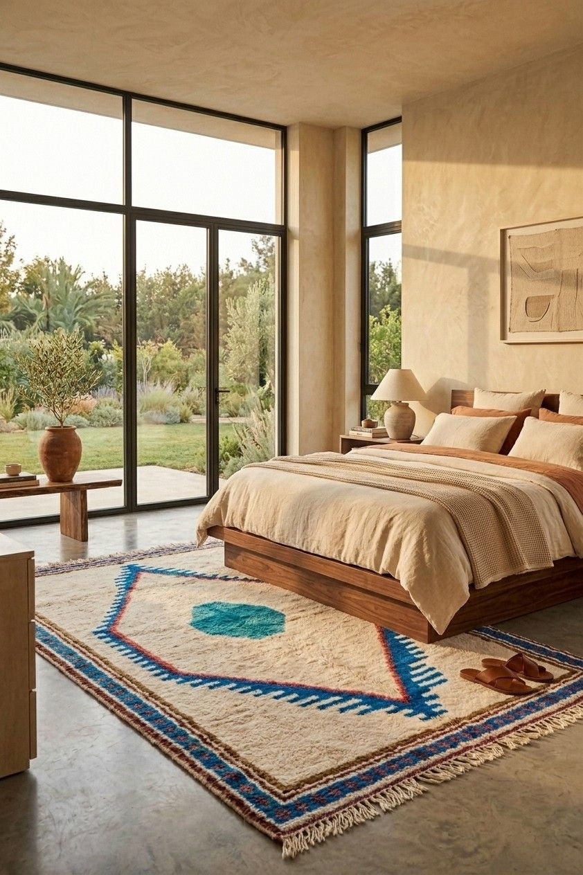 A large geometric area rug with a cream base, blue and red patterns, and fringe, styled in a modern, sunlit bedroom with a wooden bed and large windows overlooking a garden.