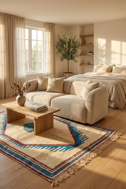 A beautifully styled bedroom and living area featuring a cream bouclé sofa, a wooden coffee table, a patterned blue and beige rug, and a warm wood floor in a sunlit room.