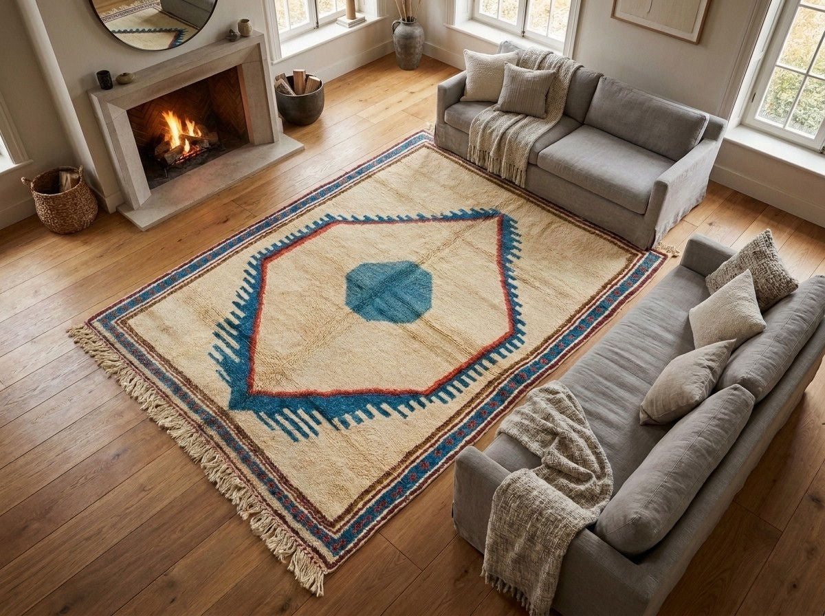 A large rectangular wool area rug with a geometric diamond pattern in blue, red, and beige, styled on a hardwood floor in a cozy living room with a fireplace and gray sofas. The rug is a moroccan rug.
