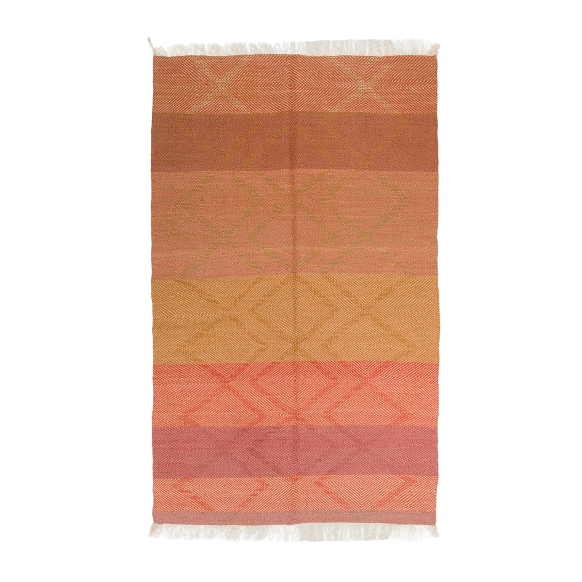 A rectangular Zanafi Wool rug with horizontal stripes in terracotta, orange, mustard yellow, coral pink, and dusty rose, featuring a subtle diamond pattern and white fringe on the top and bottom edges, shown flat against a white background. Moroccan rug.