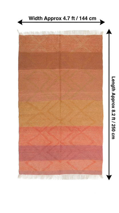 A rectangular woven rug with fringe on both ends, shown flat on a white background with dimension arrows.