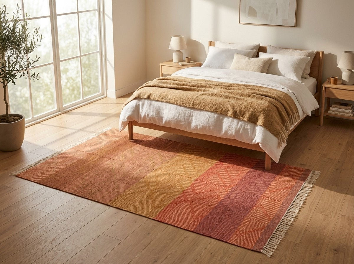 A Moroccan Zanafi wool area rug with a warm geometric pattern in shades of terracotta, rust, orange, and yellow, styled in a bright bedroom on a light wood floor next to a bed.